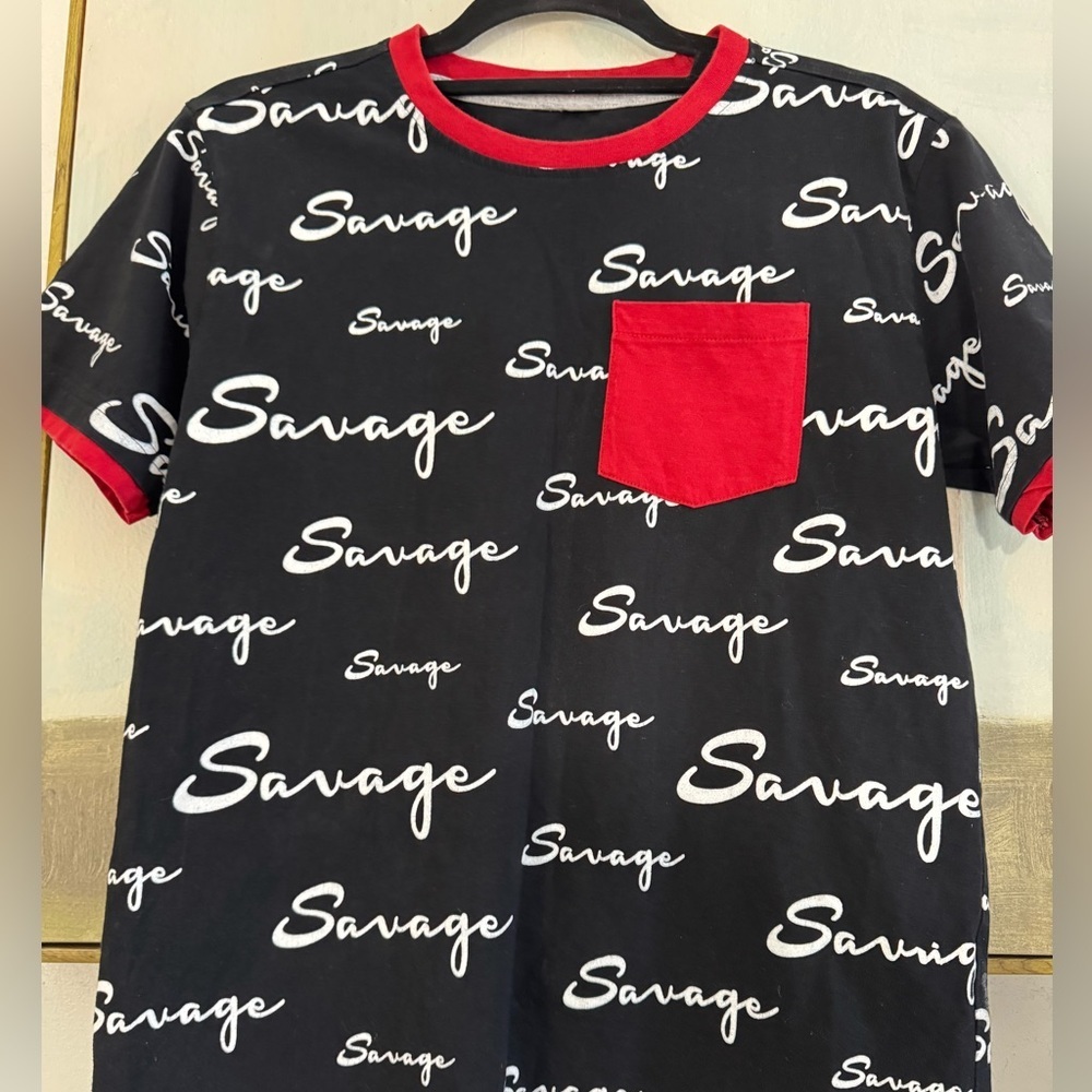 SAVAGE  Red and black Signature Script Logo Tee Size Small - Picture 3 of 5